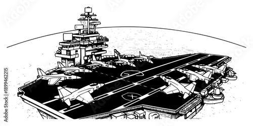 High angle view of a military aircraft carrier deck filled with fighter jets on the ocean