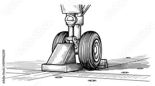 Detailed illustration of an aircraft landing gear with wheels and chock on a runway in woodcut style