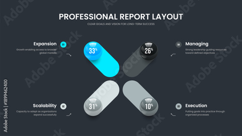 Corporate Growth 4 Step Diagram Slide Design. Product Review Frame Layout Vector Illustration. Minimal Development Four Option Graph Presentation Template.