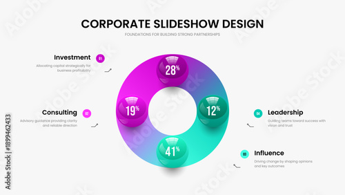Modern Insight 4 Option Diagram Slideshow Template. Simple Performance Four Element Chart Frame Design. Minimal Campaign Presentation Layout Vector Illustration.