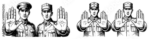 Military officers showing a stop hand gesture in classic black and white woodcut style