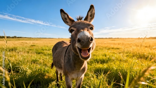 Wallpaper Mural Cheerful donkey smiling widely while standing in a bright green grassy field under a clear blue sky. Torontodigital.ca