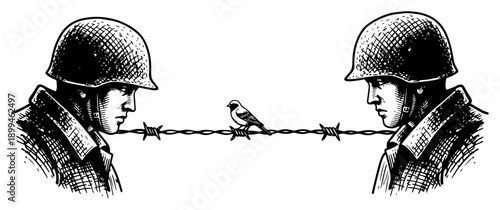 Two soldiers facing each other separated by barbed wire with a small bird sitting on it