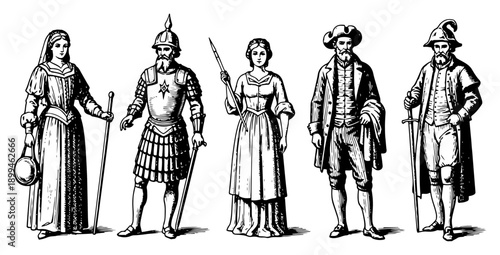 Collection of standing figures wearing various historical costumes and armor