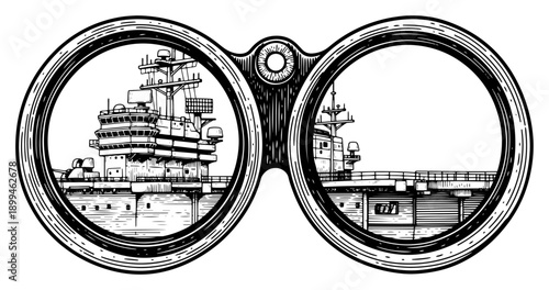 View of a military aircraft carrier through binoculars in vintage woodcut style