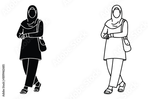 Two Muslim women wearing hijab and casual clothing standing with crossed arms  illustration