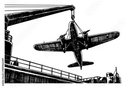 Vintage propeller airplane being lifted by a crane on a ship deck in woodcut style