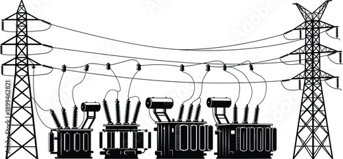 High voltage power transmission system with transformers and pylons, electrical substation equipment connected to overhead lines, energy distribution infrastructure, black and white illustration