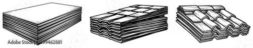 Stacks of various building materials like roof tiles and corrugated sheets in woodcut style