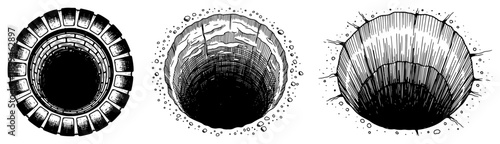 Collection of deep circular holes and stone wells in the ground in vintage woodcut style