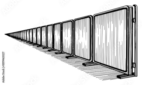 Long row of portable room dividers or privacy screens receding into the distance