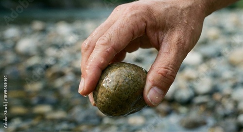 Hand turning smooth river stone over and over, anxiety relief fidgeting and mindfulness meditation grounding technique.