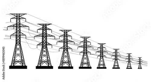 High voltage power transmission towers perspective illustration, electricity pylons decreasing in size with overhead lines, electrical grid infrastructure depth concept, black and white vector style
