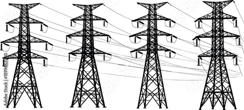 High voltage power transmission towers silhouette set, electricity pylons with overhead lines, industrial electrical grid infrastructure, energy distribution concept, black and white illustration
