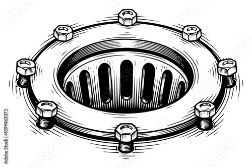 Circular industrial manhole with bolted metal flange in black and white woodcut style