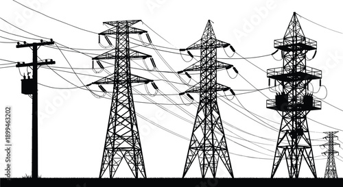 High voltage power transmission towers silhouette, electricity pylons and utility poles, industrial energy infrastructure, black and white electrical grid landscape on rural horizon background