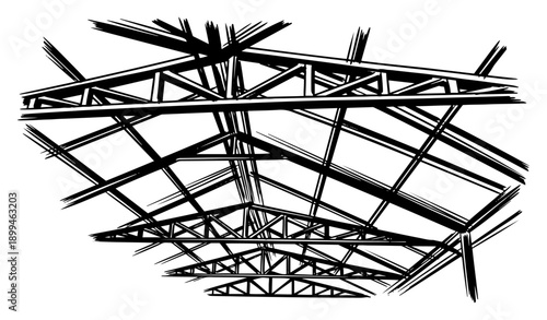 Low angle view of a large industrial steel roof truss structure in woodcut style