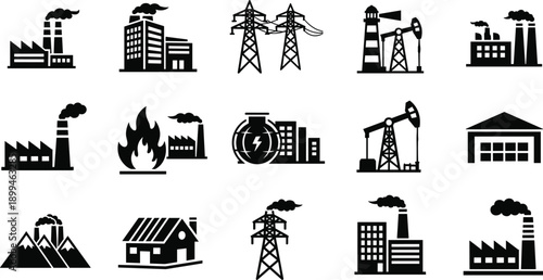 Industrial energy and infrastructure icons set, factories, power plants, oil pumps, transmission towers and buildings, electricity production concept, black silhouette illustration