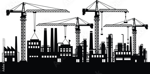 Industrial construction site with cranes and factory buildings silhouette, heavy industry development and manufacturing infrastructure, urban industrial skyline, black and white illustration