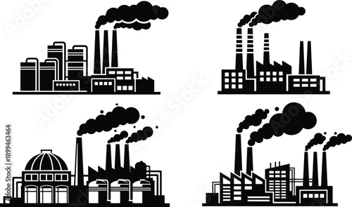 Industrial factory buildings with smoke emissions silhouette set, power plants and manufacturing facilities, heavy industry pollution concept, black and white energy infrastructure illustration