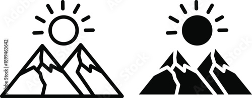 Black and white mountain landscape with sunrise or sunset