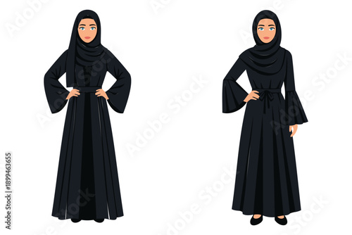 Two Muslim women wearing traditional abayas and hijabs in different poses on white background