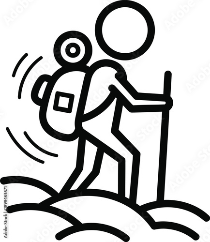 Hiker climbing uphill with backpack and trekking pole on a sunny day