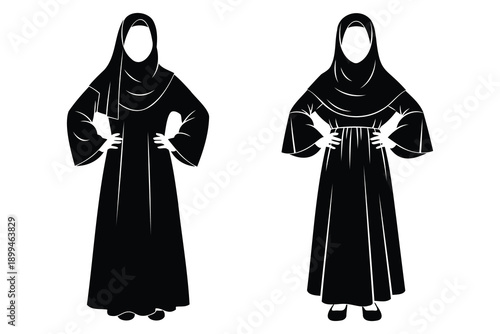 two women wearing abayas and hijabs standing with hands on hips and holding doves