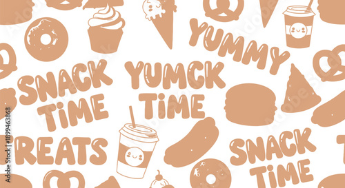 Colorful snack food illustrations with 'yummy' and 'snack time' text on white background