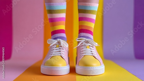 Colorful striped socks and sneakers on a background of vibrant colors in a studio setting