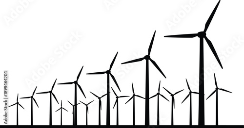 Wind turbine size growth illustration, renewable energy expansion from small to large turbines, clean electricity generation concept, minimalist black and white silhouette landscape