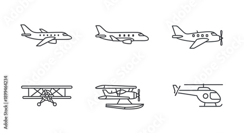 Aircraft Icons Set: Plane, Biplane, Helicopter