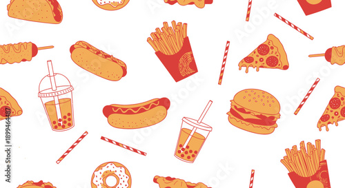 Colorful fast food and snack illustrations on white background tasty meal pattern