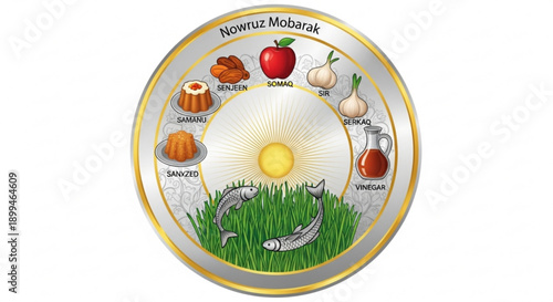 Nowruz mubarak festive plate with traditional foods and sun symbol on grass background