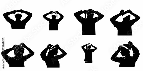 Black silhouette vector set showing people tying, putting on, or adjusting a sweat headband or bandana for sports and fitness activities.