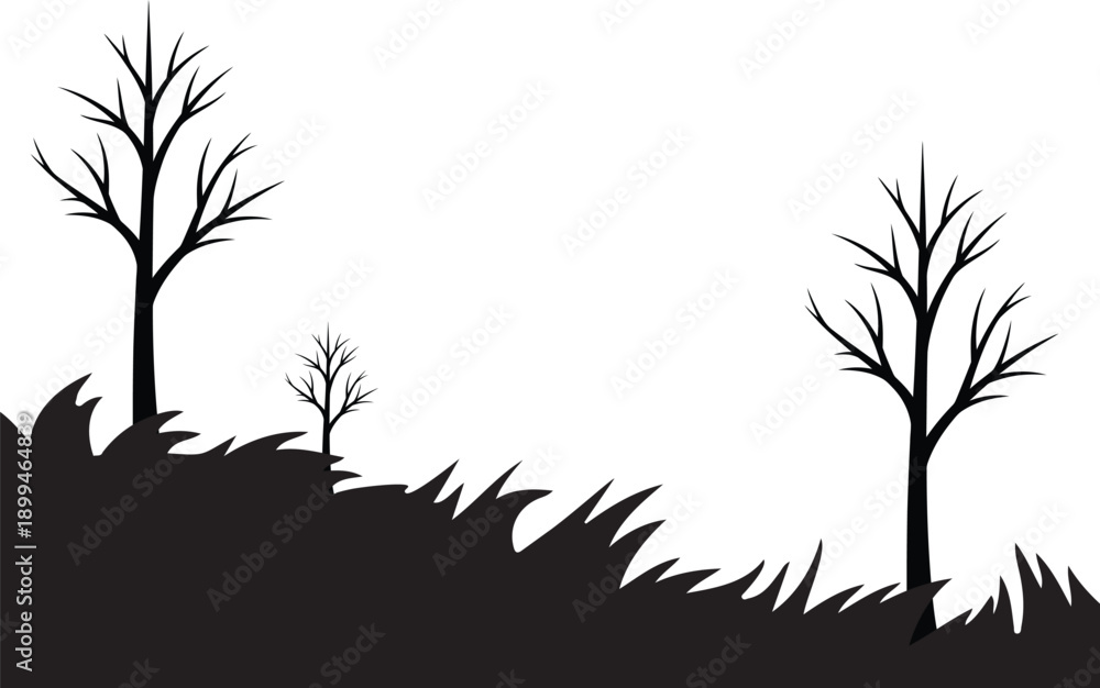 Obraz premium Silhouette of bare trees on a hill with grass against a white background