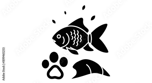 Black Fish Icon with Paw Print.