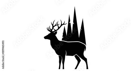 Deer Silhouette with Antlers and Trees.