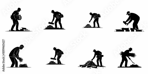 Logger or Woodsman Working with Firewood and Logs: A Set of Black Silhouette Icons Illustrating Various Steps of Wood Preparation.