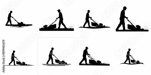 Multiple Silhouettes of a Gardener Mowing the Lawn with a Push Mower, Icon Set for Lawn Care and Landscaping Services.