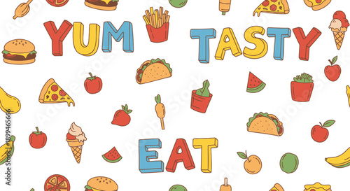 Colorful food illustrations with yum tasty eat text on white background