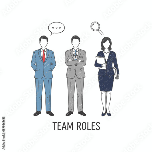 An illustrative representation of diverse professional team roles within a corporate environment, highlighting distinct responsibilities and collaborative efforts.