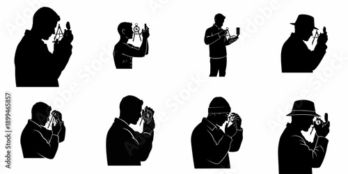 Set of black silhouettes showing men using compasses and dividers for surveying, navigation, and technical drawing against a white background.