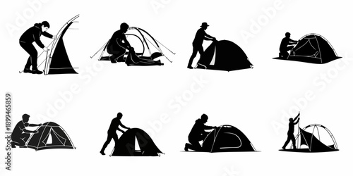 People Pitching Camping Tents Silhouettes Set: Vector Illustrations of Outdoor Adventure Preparation and Assembly Process.