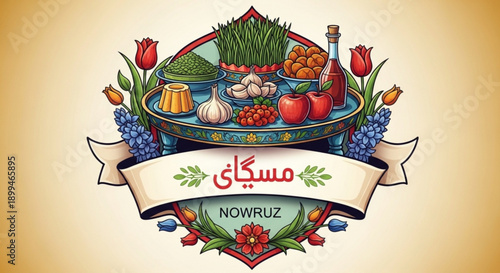 Traditional nowruz celebration plate with food flowers and symbolic items on a decorative background