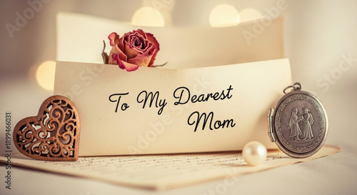 Mother's day card with heart rose and locket on white background with bokeh lights