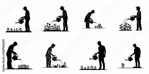 Set of black silhouettes illustrating people watering various plants and flowers, symbolizing gardening, cultivation, and growth.