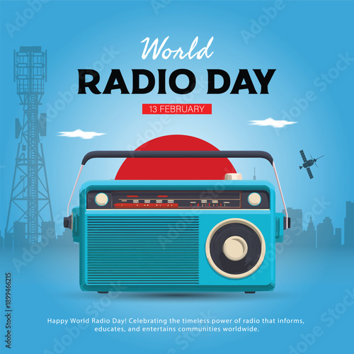 world radio day poster with vintage radio illustration, blue background, urban skyline, global communication and broadcasting media celebration design