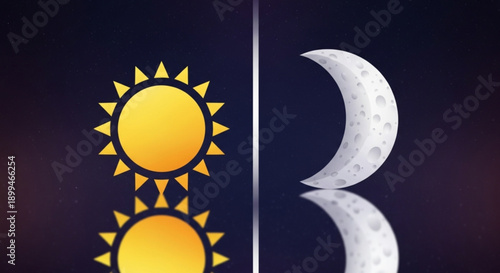 Dual celestial symbols sun and moon phases in dark space representing day and night contrasting light and shadow