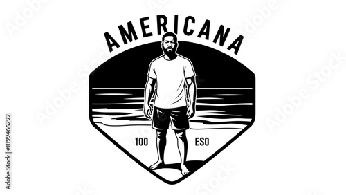 Black and white emblem with a man standing on a beach with the word Americana above him